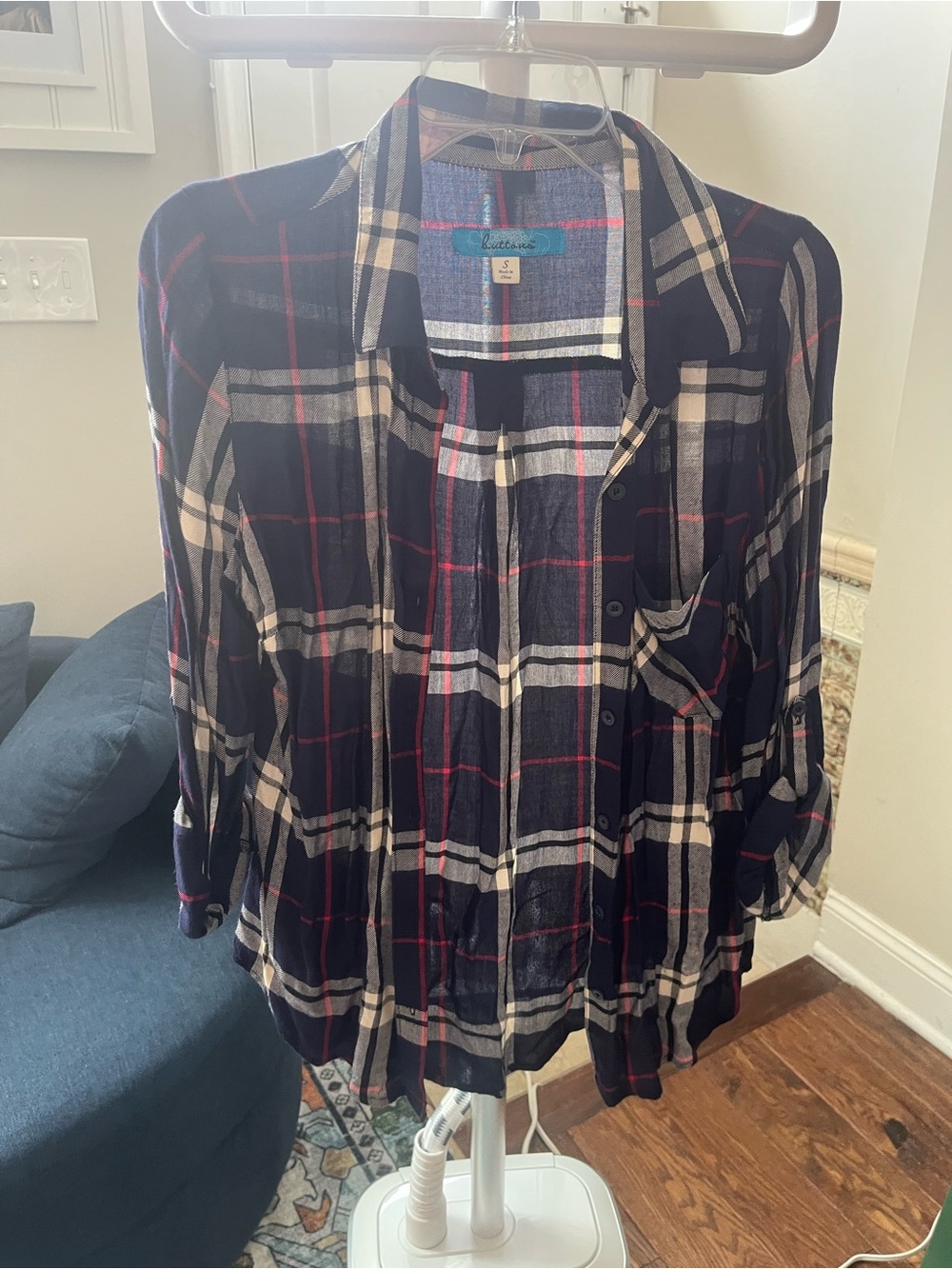Francesca's Collections Navy Plaid Button-Down Shirt with White and Red Stripes